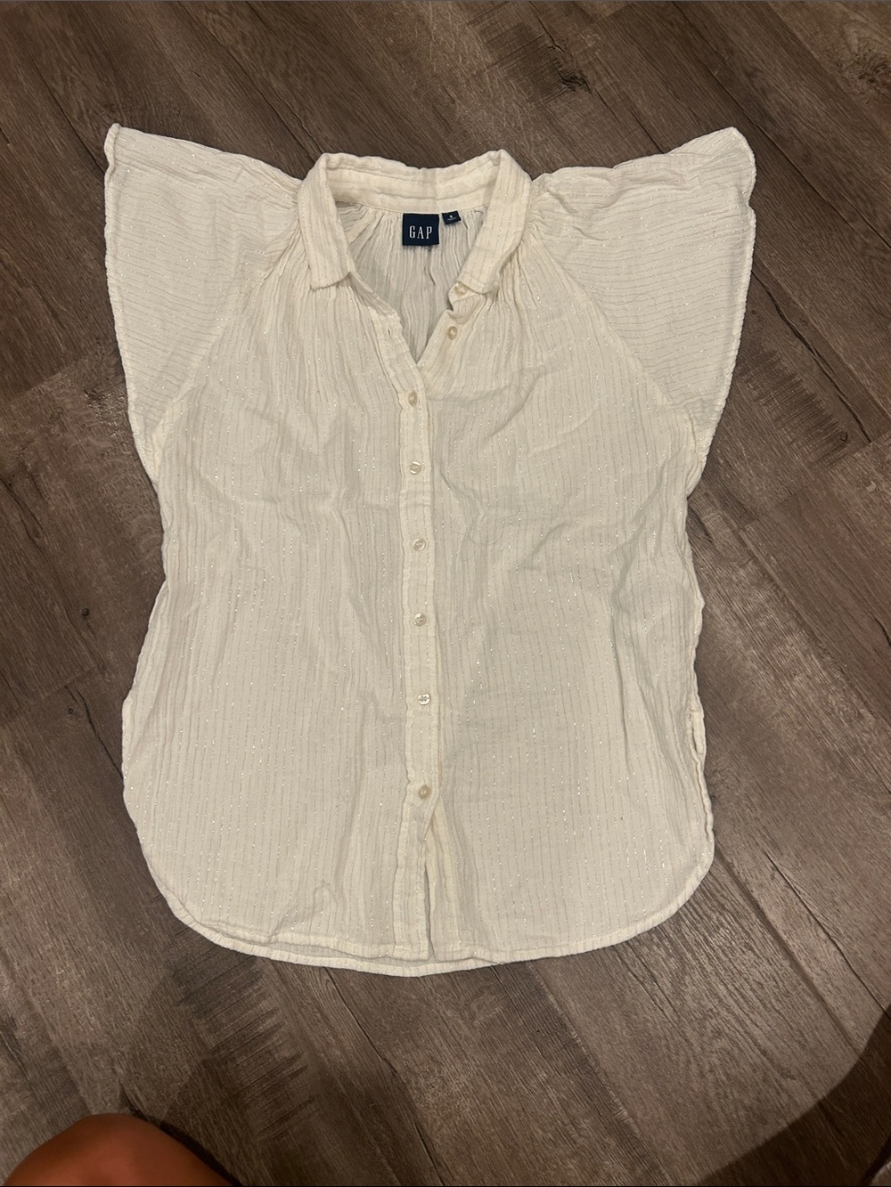 GAP Cream Button-Front Silver Striped Short Sleeve Textured Blouse